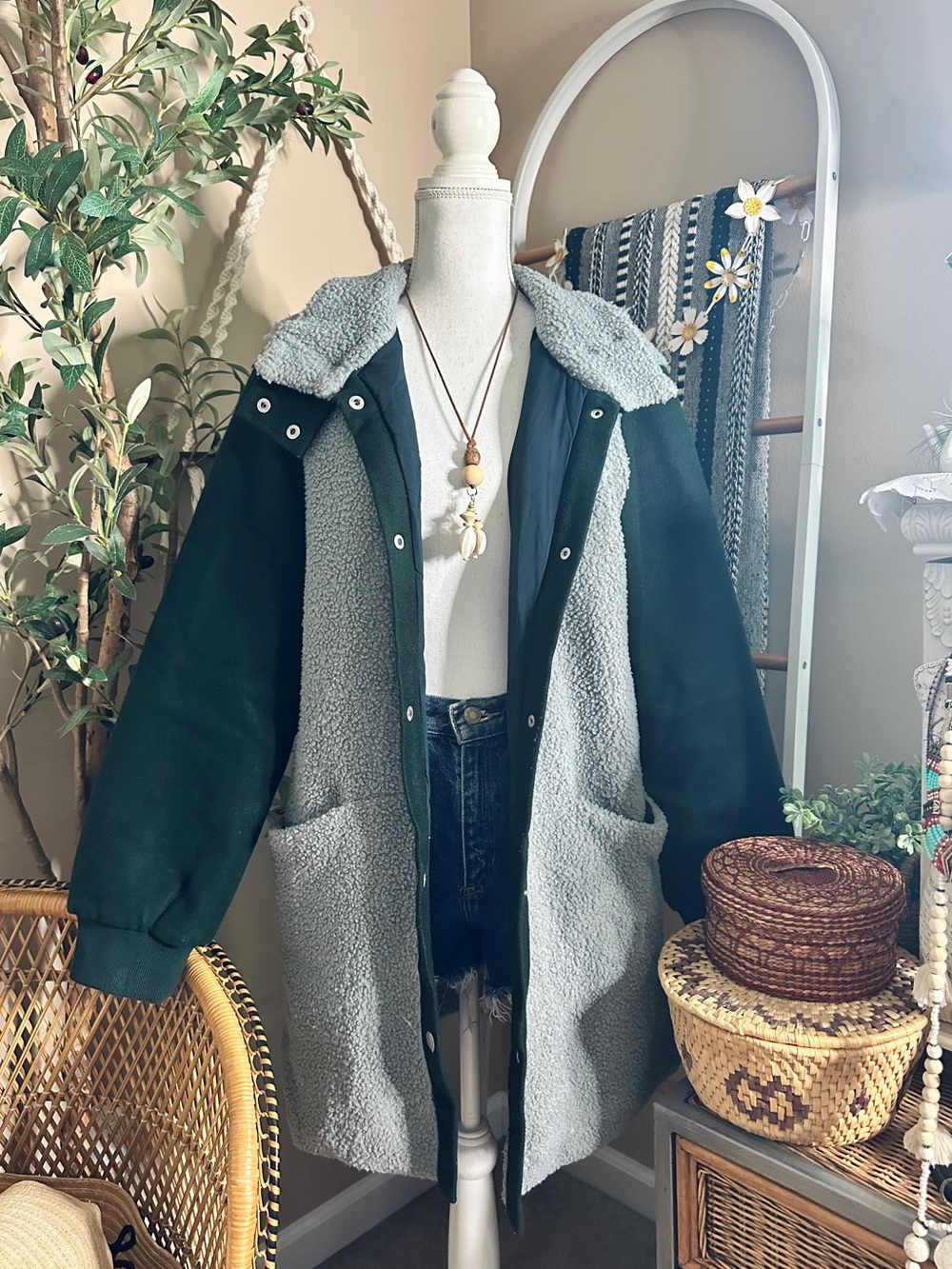 Hem & Thread Long Sherpa Snap Front Jacket Dark Green Gray